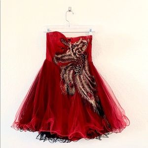 Windsor Red Bejeweled Peacock Strapless Dress Prom Formal